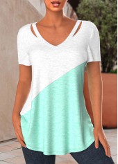 ROTITA Patchwork Mint Green V Neck T Shirt
