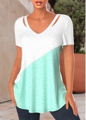 Mint Green tops,White tops,Contrast Color tops,ROTITA Patchwork Mint Green V Neck T Shirt