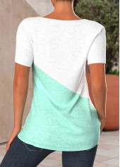 Mint Green tops,White tops,Contrast Color tops,ROTITA Patchwork Mint Green V Neck T Shirt