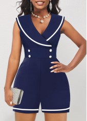 Navy jumpsuits & rompers,Plain Color jumpsuits & rompers,ROTITA Contrast Binding Navy Shawl Collar Romper