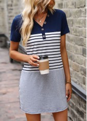 Navy dresses,Contrast Color dresses,Striped dresses,Geometric dresses,ROTITA Navy Short Sleeve Button V Neck Dress