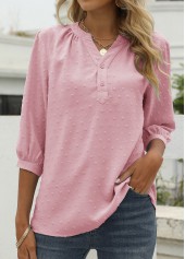 Pink 3/4 Sleeve Split Neck T Shirt