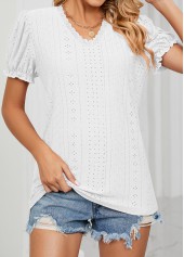 White tops,Plain Color tops,Lace White V Neck Short Sleeve T Shirt