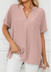 Light Pink tops,Plain Color tops,Split Light Pink Short Sleeve Blouse