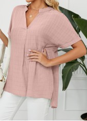 Light Pink tops,Plain Color tops,Split Light Pink Short Sleeve Blouse
