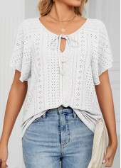 White tops,Plain Color tops,Tie White V Neck Short Sleeve T Shirt