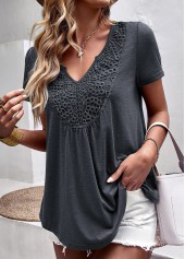 Dark Grey tops,Plain Color tops,Lace Dark Grey V Neck T Shirt
