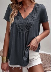 Dark Grey tops,Plain Color tops,Lace Dark Grey V Neck T Shirt