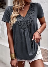Dark Grey tops,Plain Color tops,Lace Dark Grey V Neck T Shirt