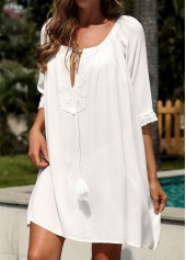 White swimwear,Plain Color swimwear,Tassel Tie Front White Cover Up