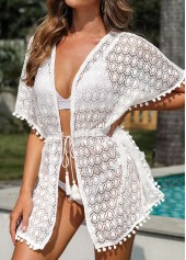 White swimwear,Plain Color swimwear,Tassel Tie Front White Cover Up