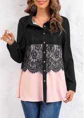 Pink plus size,Black plus size,Plain Color plus size,ROTITA Plus Size Shirt Collar Long Sleeve Blouse