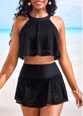 Black swimwear,Plain Color swimwear,ROTITA Lace Black High Waisted Bikini Sets