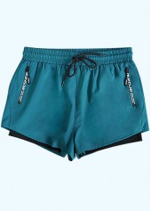 Turquoise swimwear,Plain Color swimwear,Drawstring Waist Turquoise Mid Waisted Men's Swim Trunks