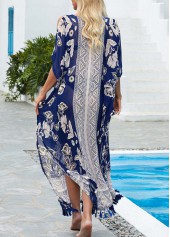 Blue swimwear,Floral swimwear,Cold Shoulder Tribal Print Tassel Tie Cover Up