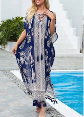 Blue swimwear,Floral swimwear,Cold Shoulder Tribal Print Tassel Tie Cover Up