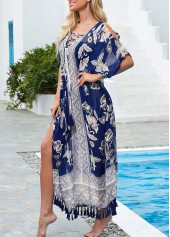 Blue swimwear,Floral swimwear,Cold Shoulder Tribal Print Tassel Tie Cover Up