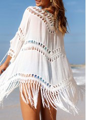White Tassel Hem 3/4 Sleeve Cover Up