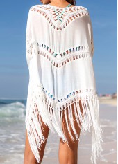 White swimwear,Plain Color swimwear,White Tassel Hem 3/4 Sleeve Cover Up