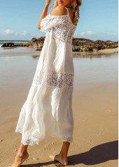 White swimwear,Plain Color swimwear,White Round Neck Lace Stitching Cover Up