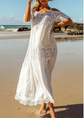 White Round Neck Lace Stitching Cover Up