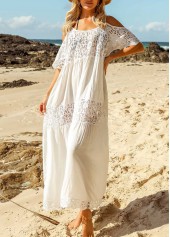 White swimwear,Plain Color swimwear,White Round Neck Lace Stitching Cover Up