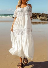 White swimwear,Plain Color swimwear,White Round Neck Lace Stitching Cover Up
