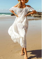 White swimwear,Plain Color swimwear,White Round Neck Lace Stitching Cover Up