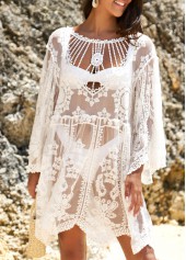 White swimwear,Plain Color swimwear,White Embroidered Cage Neck Sheer Cover Up