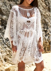 White swimwear,Plain Color swimwear,White Embroidered Cage Neck Sheer Cover Up