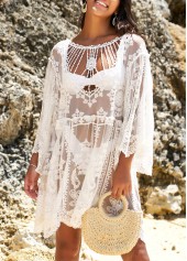White swimwear,Plain Color swimwear,White Embroidered Cage Neck Sheer Cover Up