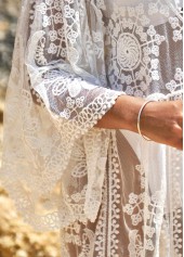 White swimwear,Plain Color swimwear,White Embroidered Cage Neck Sheer Cover Up