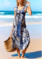 Blue V Neck Leaf Print Cover Up