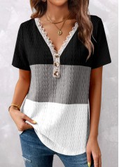 ROTITA Patchwork Black V Neck Short Sleeve T Shirt