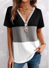 Black tops,White tops,Contrast Color tops,ROTITA Patchwork Black V Neck Short Sleeve T Shirt
