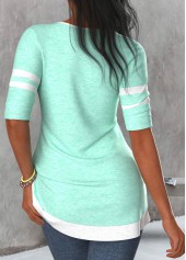 Mint Green tops,Contrast Color tops,Striped tops,ROTITA Patchwork Mint Green Round Neck T Shirt