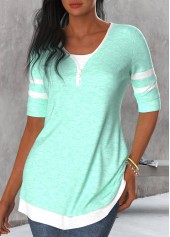 Mint Green tops,Contrast Color tops,Striped tops,ROTITA Patchwork Mint Green Round Neck T Shirt
