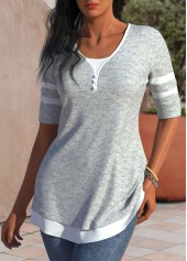 Light Grey tops,Contrast Color tops,Striped tops,ROTITA Patchwork Light Grey Round Neck T Shirt