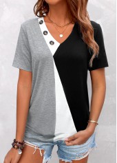 Grey tops,Black tops,Contrast Color tops,ROTITA Button Grey V Neck Short Sleeve T Shirt