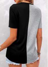 Grey tops,Black tops,Contrast Color tops,ROTITA Button Grey V Neck Short Sleeve T Shirt