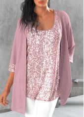 ROTITA Sequin Light Pink Scoop Neck Cardigan and Tank Top