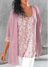 Light Pink tops,Plain Color tops,ROTITA Sequin Light Pink Scoop Neck Cardigan and Tank Top
