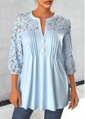 ROTITA Tuck Stitch Light Blue Split Neck Blouse