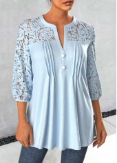 Light Blue tops,Plain Color tops,ROTITA Tuck Stitch Light Blue Split Neck Blouse