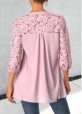 Light Pink tops,Plain Color tops,ROTITA Tuck Stitch Light Pink Split Neck 3/4 Sleeve Blouse