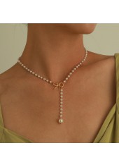 Gold jewelry,Plain Color jewelry,Pearl Detail Gold Bowknot Design Necklace
