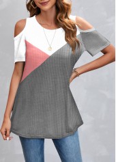 Pink tops,Grey tops,Contrast Color tops,ROTITA Patchwork Pink Round Neck Short Sleeve T Shirt