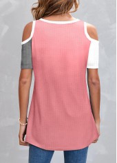 Pink tops,Grey tops,Contrast Color tops,ROTITA Patchwork Pink Round Neck Short Sleeve T Shirt