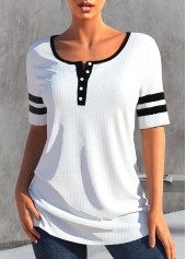 ROTITA Patchwork White Round Neck Short Sleeve T Shirt