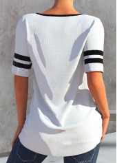 White tops,Contrast Color tops,Striped tops,ROTITA Patchwork White Round Neck Short Sleeve T Shirt